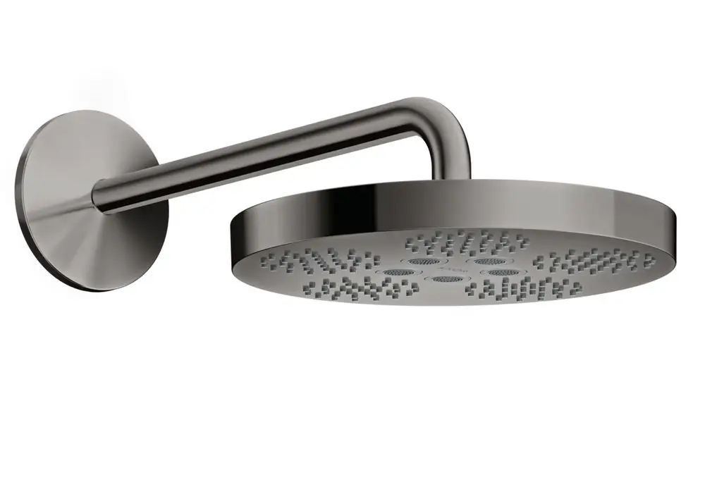 Kopfbrause mit rundem Kopf und weichem Brausearm in Polished Black Chrome, montiert an der Wand, von der Marke AXOR.